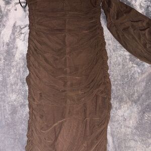 SHEIN Brown Long Sleeve Ruched Dress